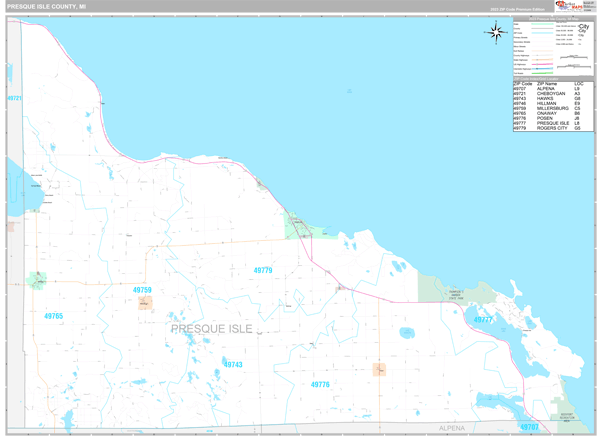Presque Isle County, MI Wall Map Premium Style